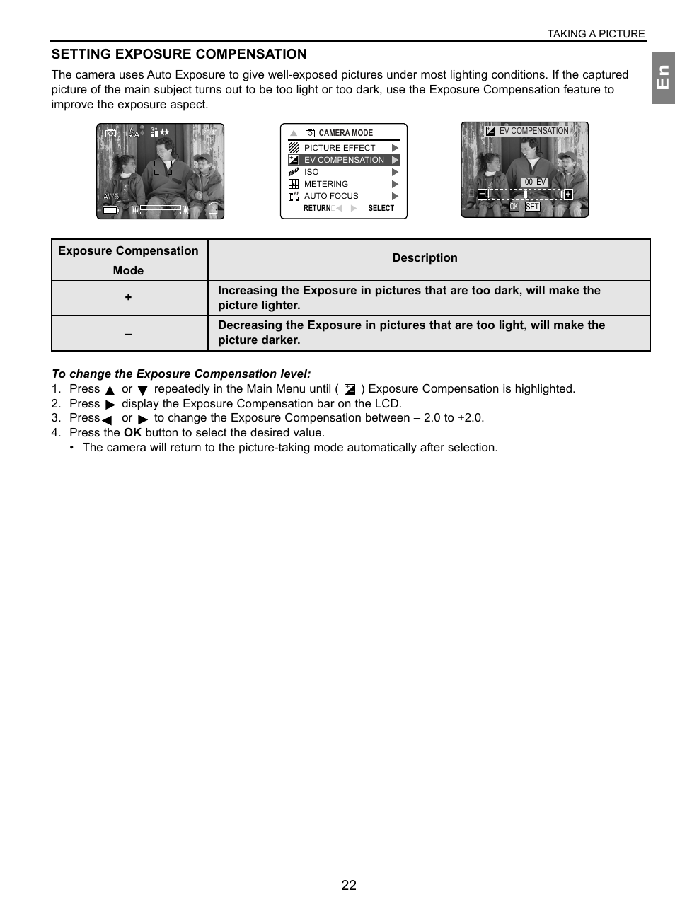 Setting exposure compensation | Concord Camera 3.1 Megapixels Digital Camera User Manual | Page 23 / 76