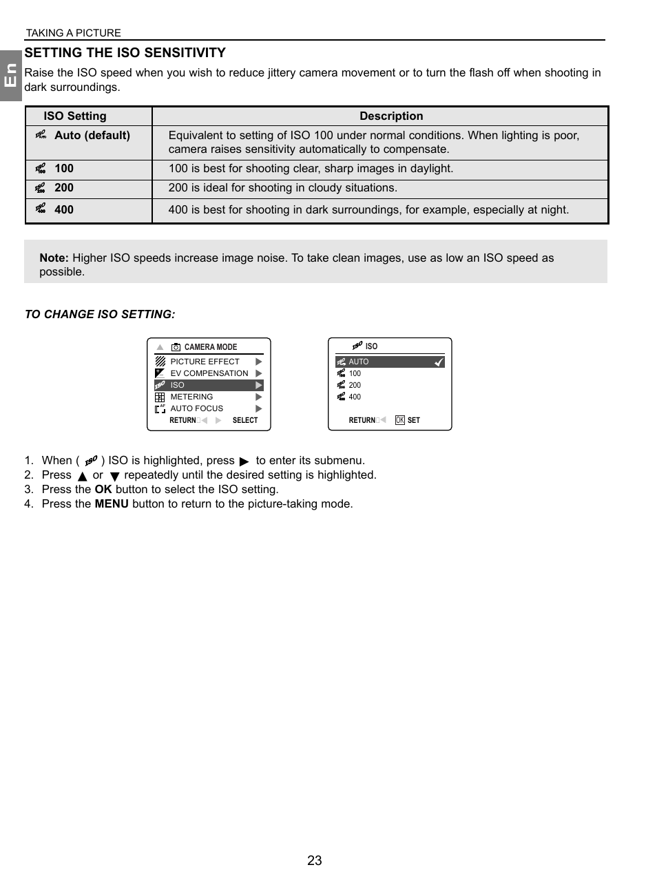 Setting the iso sensitivity | Concord Camera 3.1 Megapixels Digital Camera User Manual | Page 24 / 76