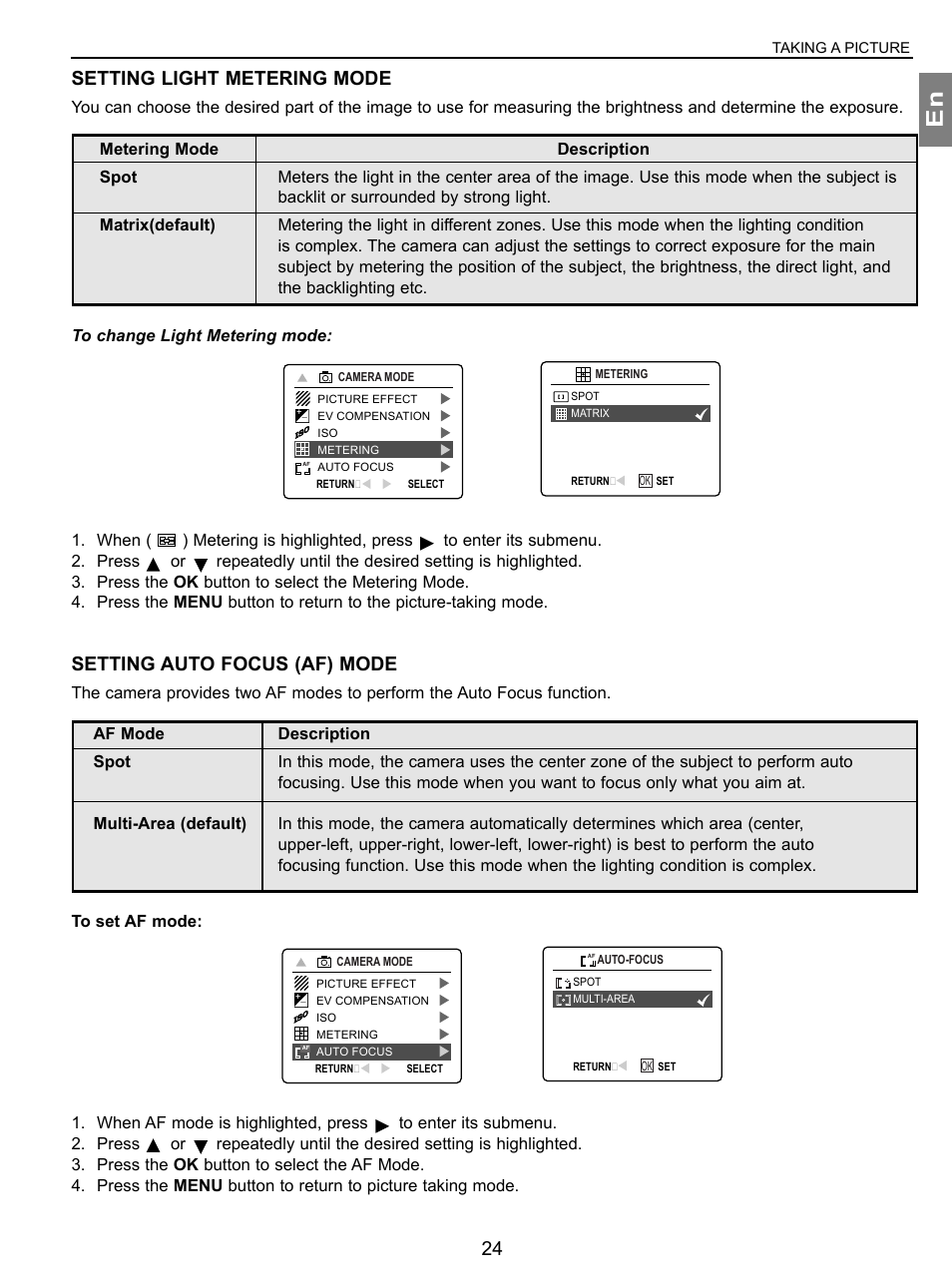 Setting light metering mode, Setting auto focus (af) mode | Concord Camera 3.1 Megapixels Digital Camera User Manual | Page 25 / 76