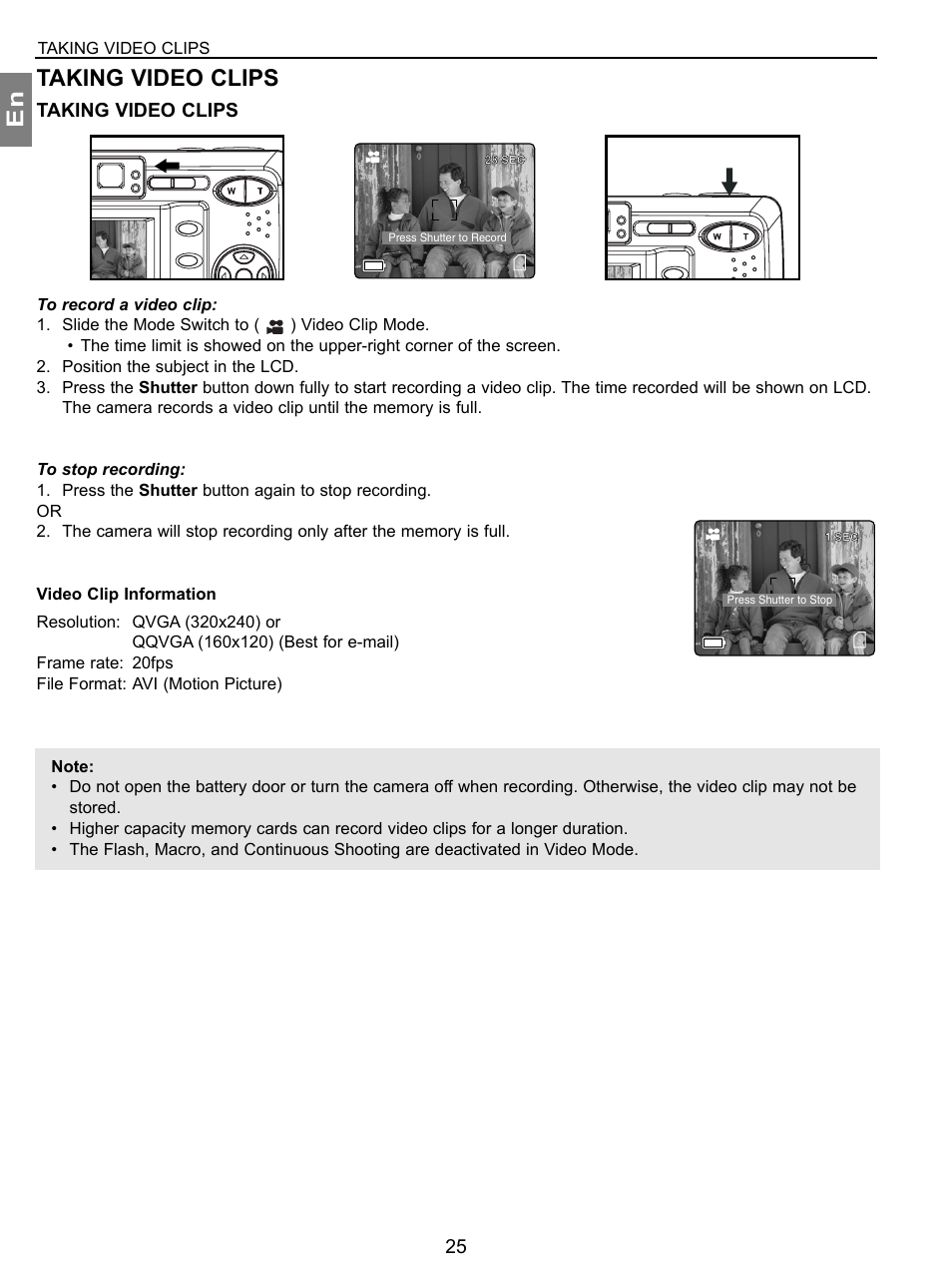 Taking video clips, En taking video clips | Concord Camera 3.1 Megapixels Digital Camera User Manual | Page 26 / 76