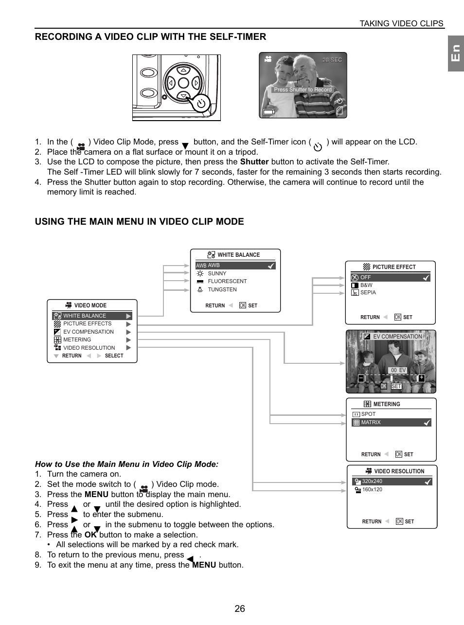 Recording a video clip with the self-timer, Using the main menu in video clip mode, Taking video clips | Concord Camera 3.1 Megapixels Digital Camera User Manual | Page 27 / 76