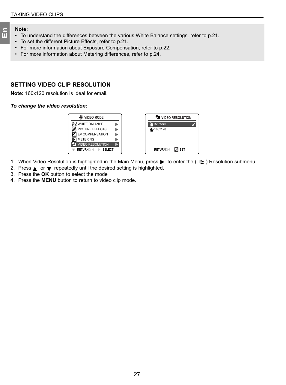 Setting video clip resolution | Concord Camera 3.1 Megapixels Digital Camera User Manual | Page 28 / 76