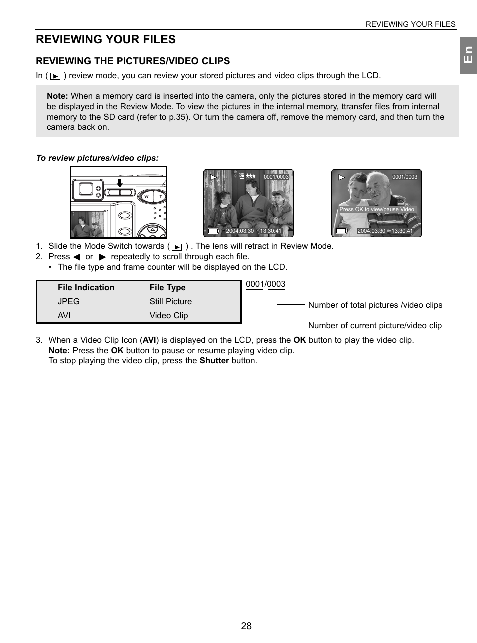 Reviewing your files, Reviewing the pictures/video clips, En reviewing your files | Concord Camera 3.1 Megapixels Digital Camera User Manual | Page 29 / 76