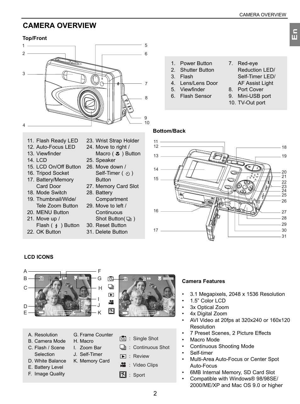Camera overview, Top/front, Bottom/back | Lcd icons, Camera features, En camera overview | Concord Camera 3.1 Megapixels Digital Camera User Manual | Page 3 / 76