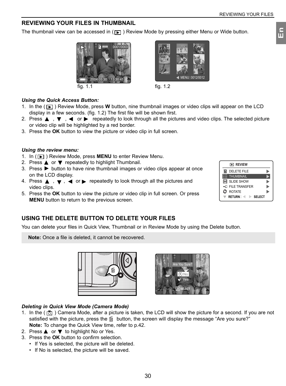 Reviewing your files in thumbnail, Using the delete button to delete your files, Fig. 1.1 fig. 1.2 | Concord Camera 3.1 Megapixels Digital Camera User Manual | Page 31 / 76