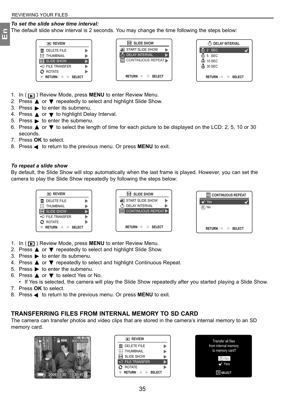 Transferring files from internal memory to sd card, Reviewing your files | Concord Camera 3.1 Megapixels Digital Camera User Manual | Page 36 / 76