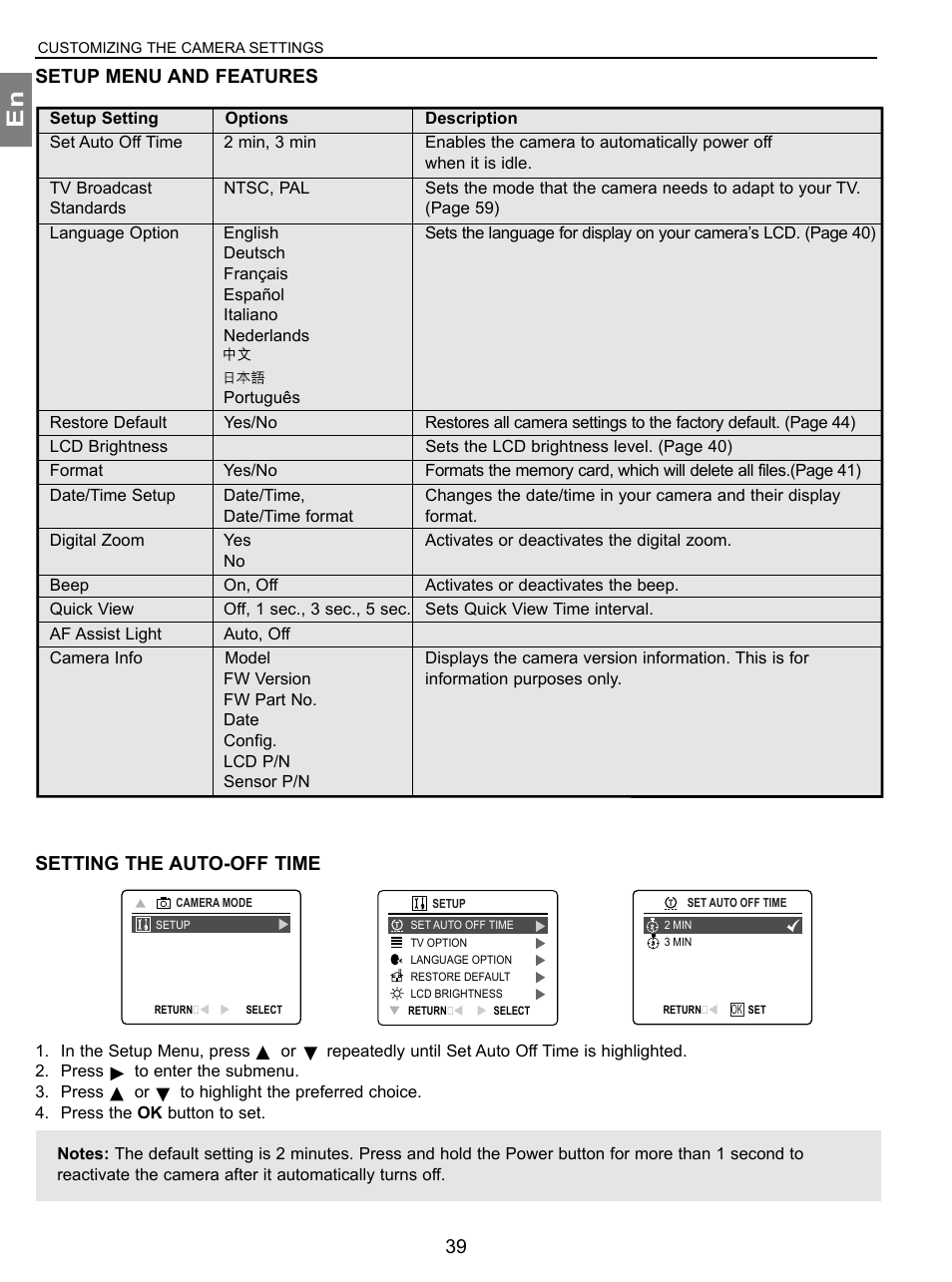 Setup menu and features, Setting the auto-off time | Concord Camera 3.1 Megapixels Digital Camera User Manual | Page 40 / 76