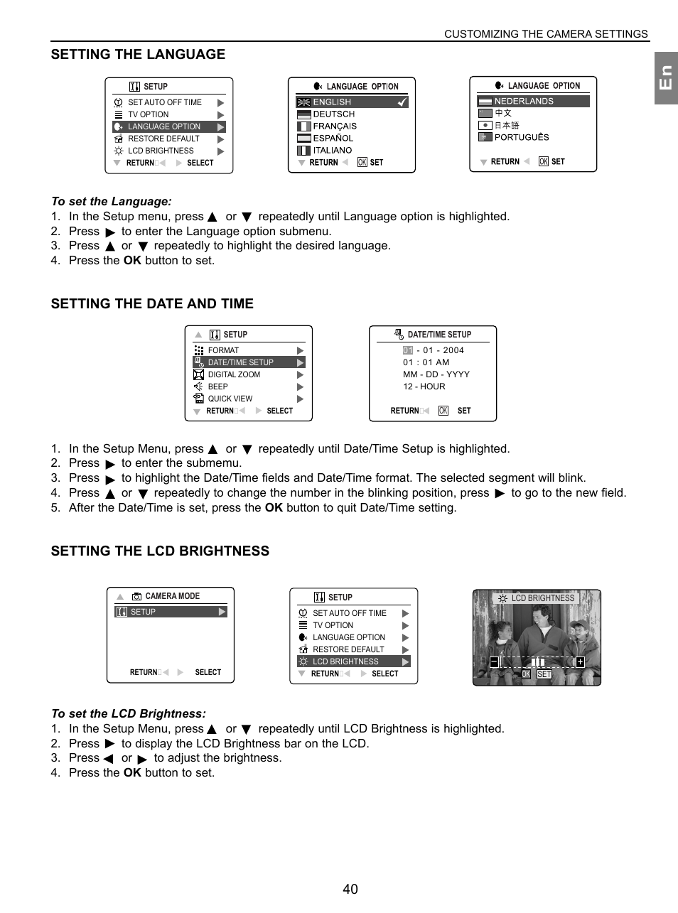 Setting the language, Setting the date and time, Setting the lcd brightness | Customizing the camera settings | Concord Camera 3.1 Megapixels Digital Camera User Manual | Page 41 / 76