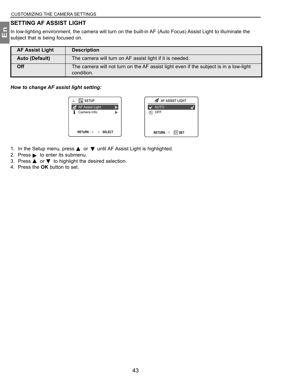 Setting af assist light | Concord Camera 3.1 Megapixels Digital Camera User Manual | Page 44 / 76