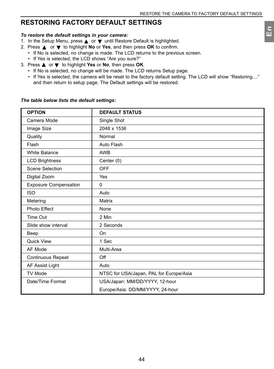 Restoring factory default settings, En restoring factory default settings | Concord Camera 3.1 Megapixels Digital Camera User Manual | Page 45 / 76