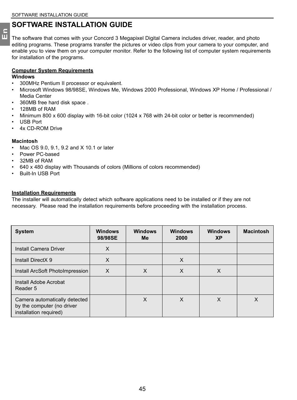 Software installation guide, Computer system requirements, Installation requirements | En software installation guide | Concord Camera 3.1 Megapixels Digital Camera User Manual | Page 46 / 76