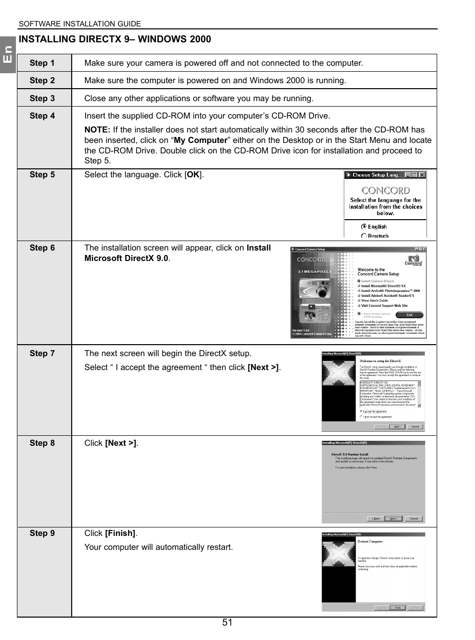 Installing directx 9• windows 2000 | Concord Camera 3.1 Megapixels Digital Camera User Manual | Page 52 / 76
