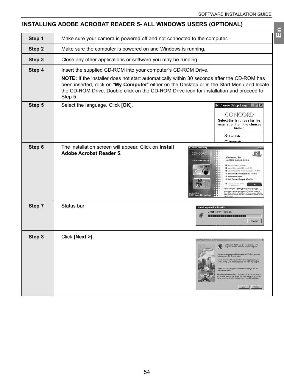 Installing adobe acrobat reader 5 | Concord Camera 3.1 Megapixels Digital Camera User Manual | Page 55 / 76
