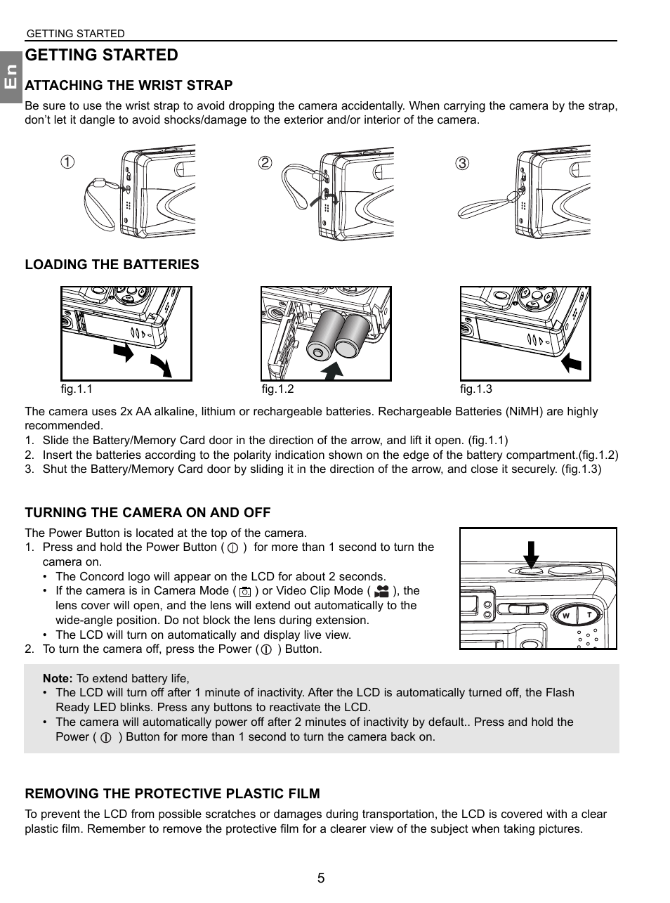 Getting started, Attaching the wrist strap, Loading the batteries | Turning the camera on and off, Removing the protective plastic film, En getting started | Concord Camera 3.1 Megapixels Digital Camera User Manual | Page 6 / 76