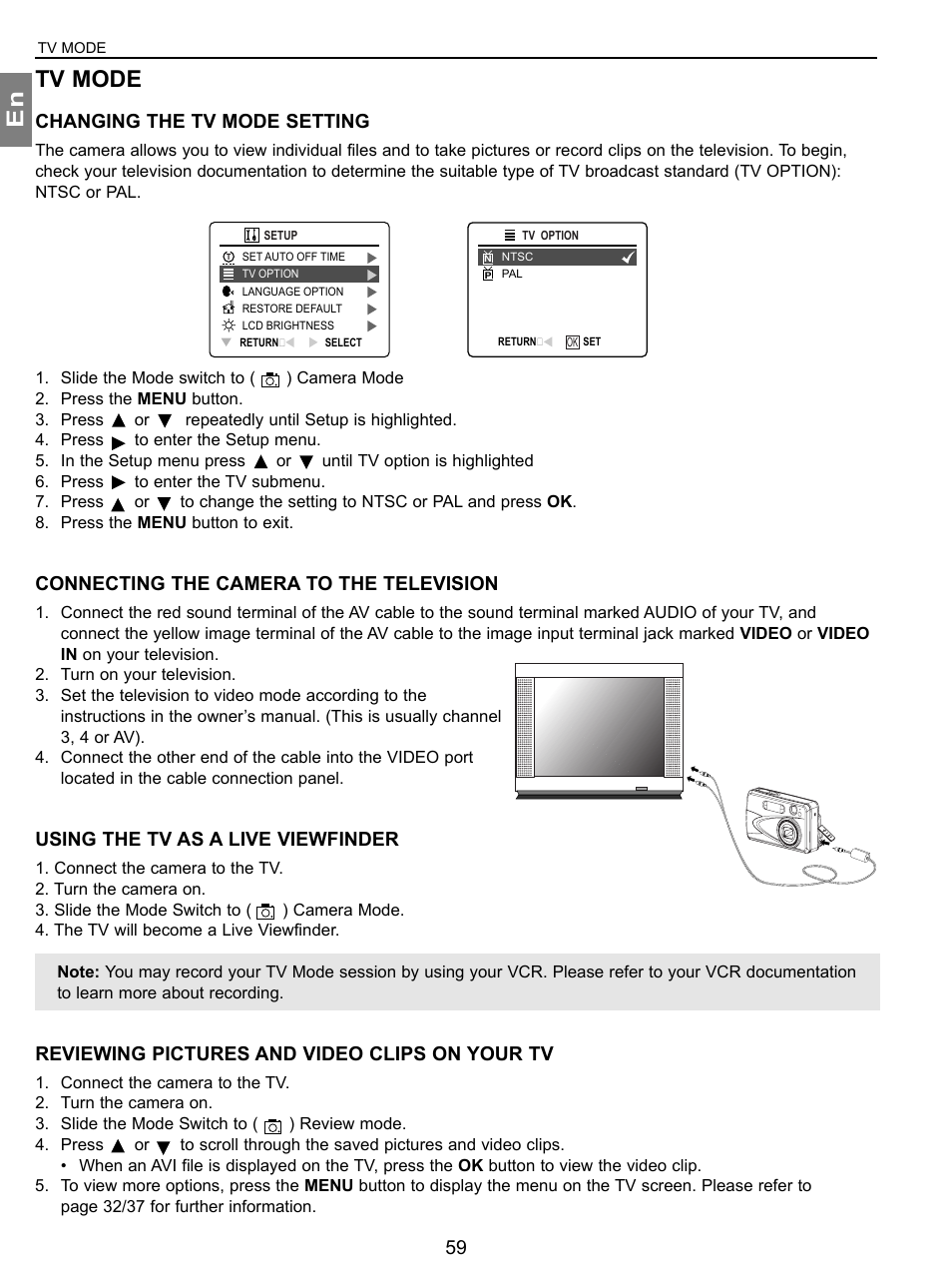 Tv mode, Changing the tv mode setting, Connecting the camera to the television | Using the tv as a live viewfinder, Reviewing pictures and video clips on your tv, En tv mode | Concord Camera 3.1 Megapixels Digital Camera User Manual | Page 60 / 76