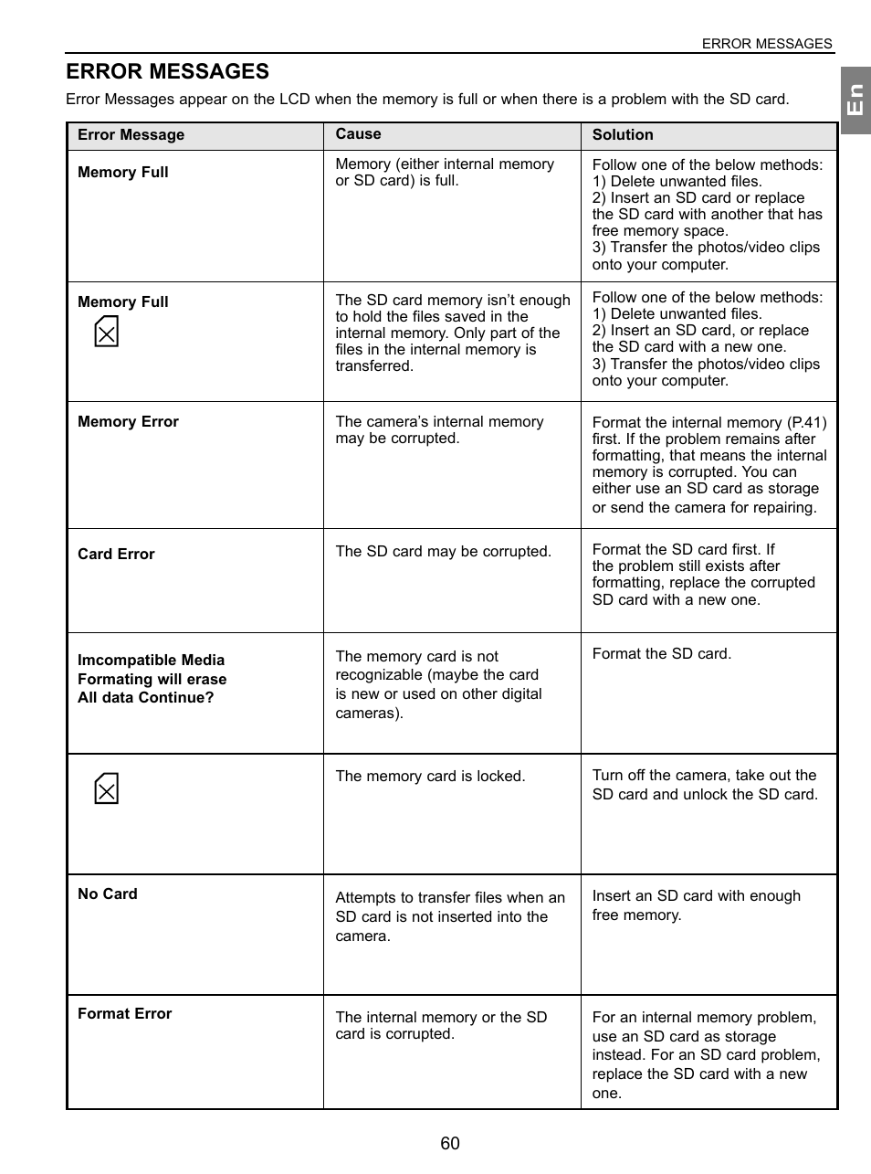 Error messages, En error messages | Concord Camera 3.1 Megapixels Digital Camera User Manual | Page 61 / 76