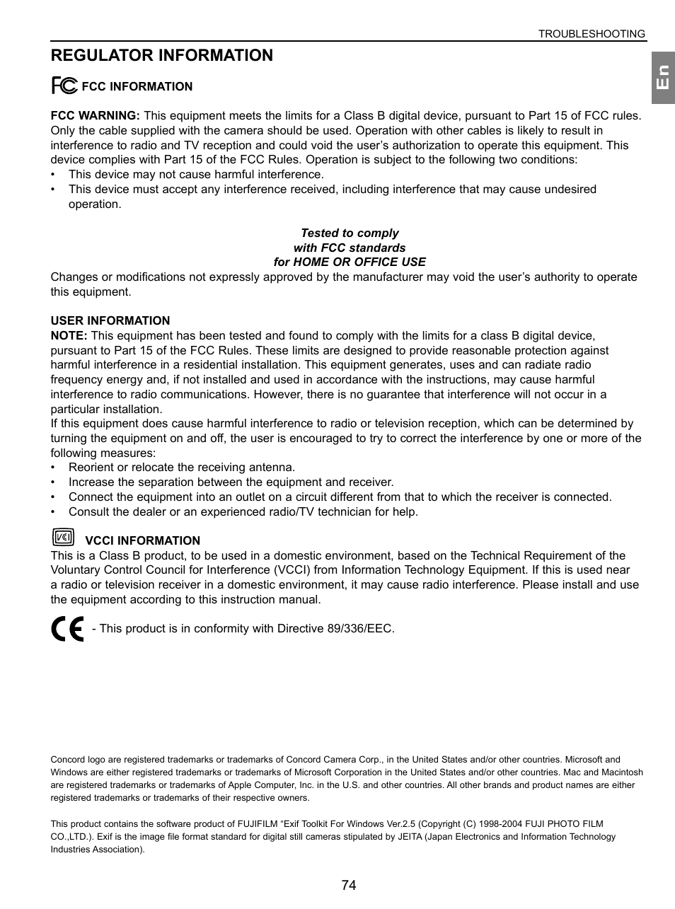 Regulatory information, En regulator information | Concord Camera 3.1 Megapixels Digital Camera User Manual | Page 75 / 76