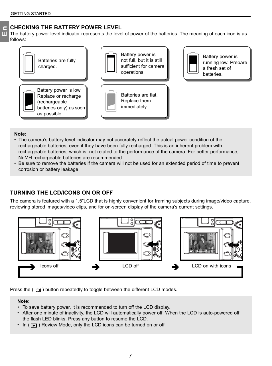 Checking the battery power level, Turning the lcd/icons on or off, Getting started | Concord Camera 3.1 Megapixels Digital Camera User Manual | Page 8 / 76