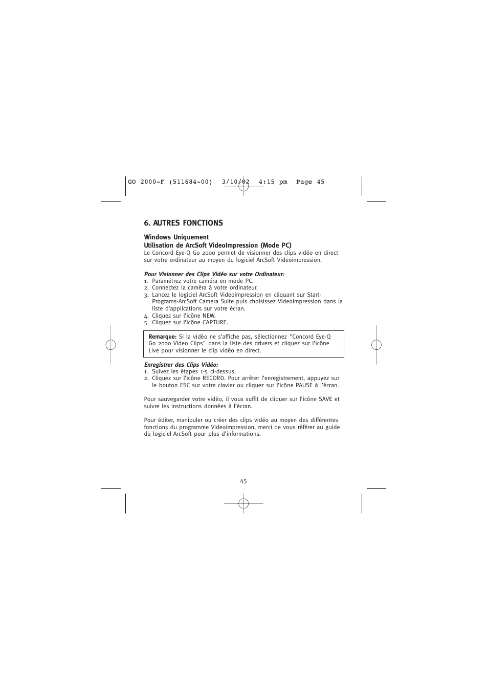 Autres fonctions | Concord Camera Eye-Q Go 2000 User Manual | Page 104 / 234