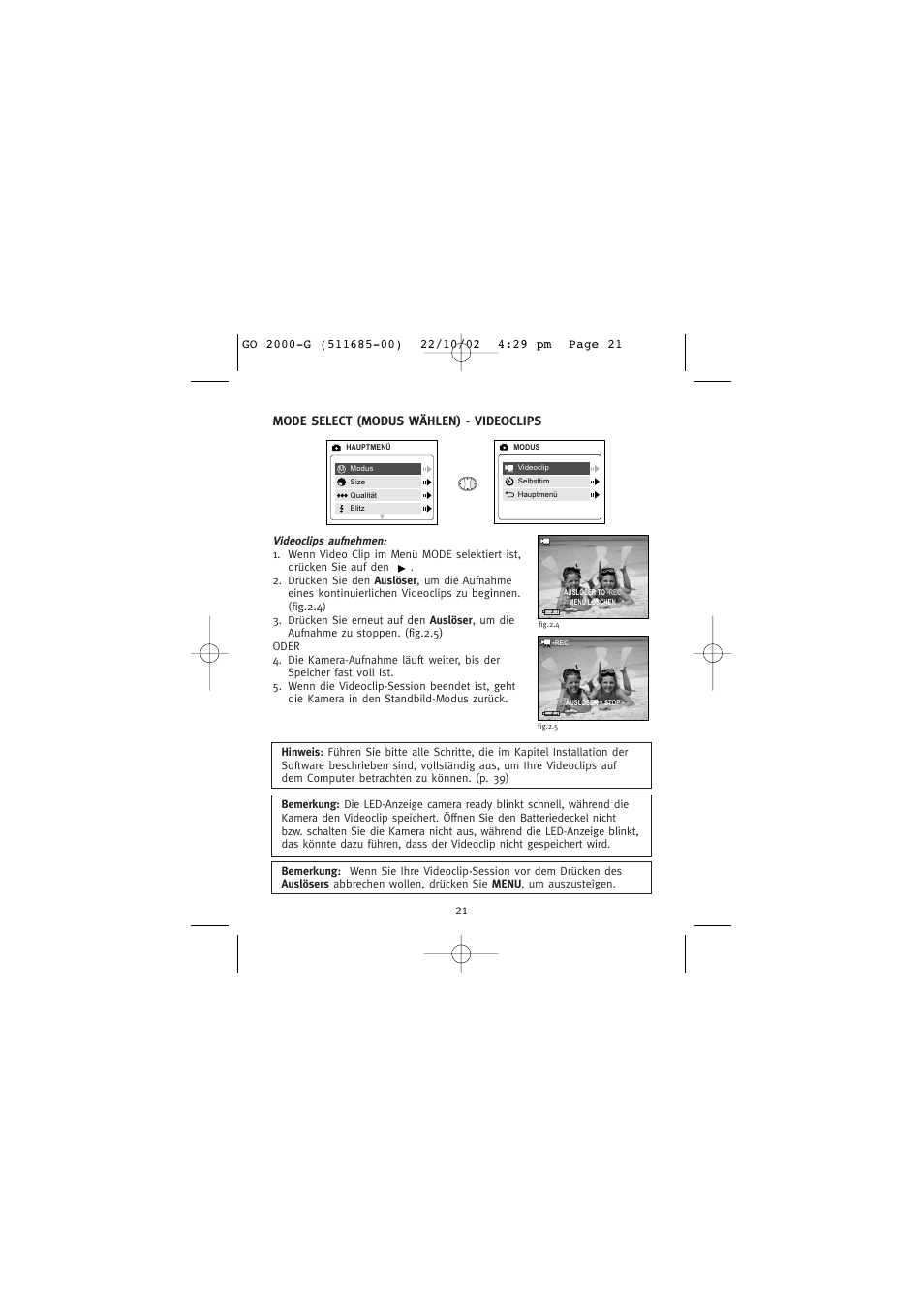 Mode select (modus wählen) - videoclips | Concord Camera Eye-Q Go 2000 User Manual | Page 138 / 234