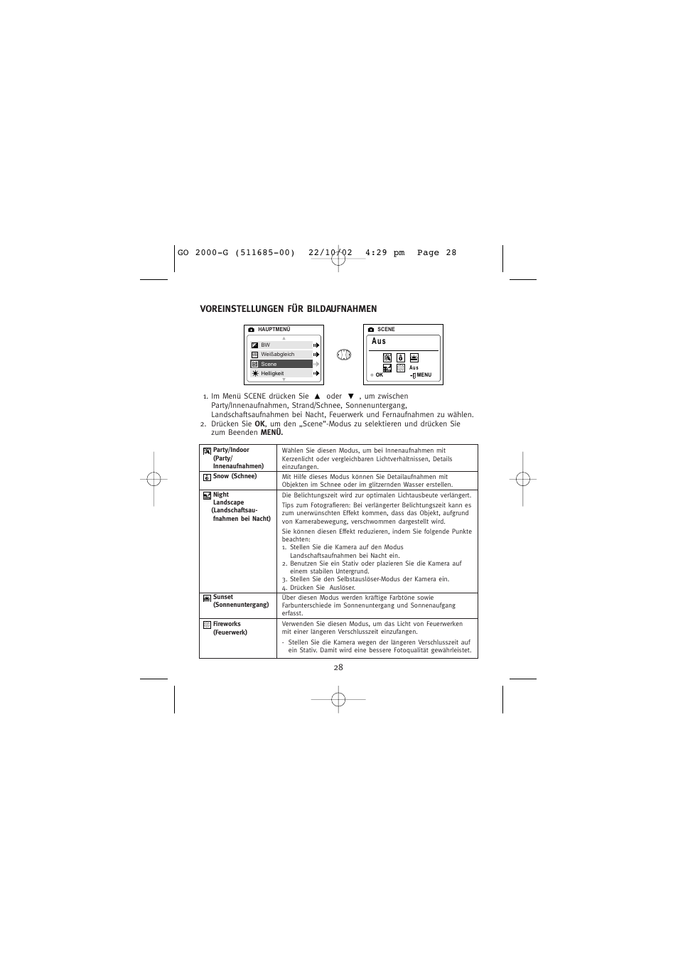 Voreinstellungen für bildaufnahmen, A u s | Concord Camera Eye-Q Go 2000 User Manual | Page 145 / 234