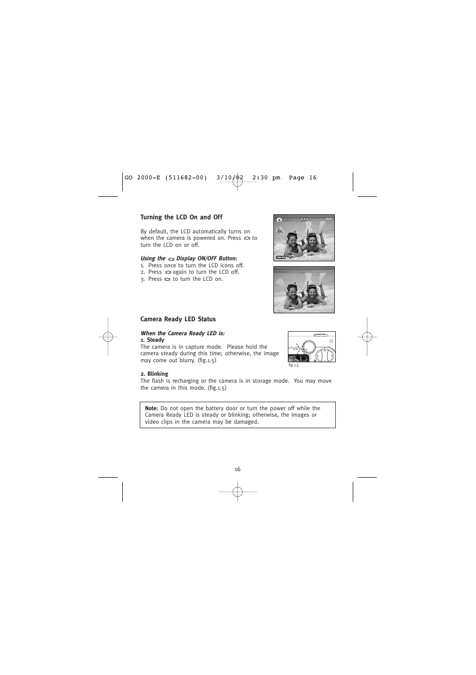 Turning the lcd on and off, Camera ready led status | Concord Camera Eye-Q Go 2000 User Manual | Page 17 / 234