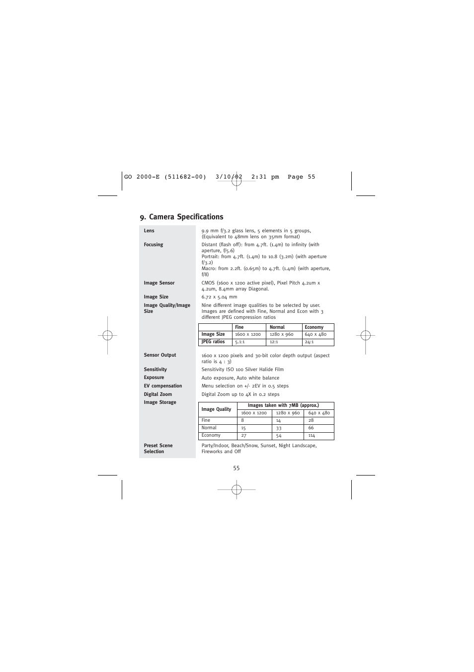 Camera specifications | Concord Camera Eye-Q Go 2000 User Manual | Page 56 / 234