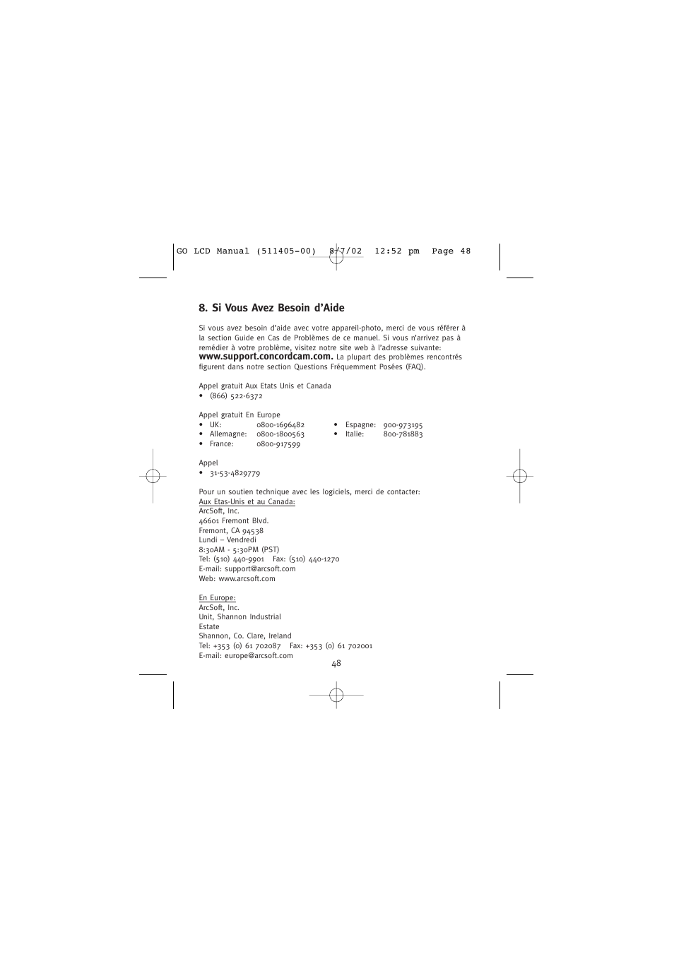 Si vous avez besoin d’aide | Concord Camera Eye-Q Go LCD Camera User Manual | Page 103 / 160