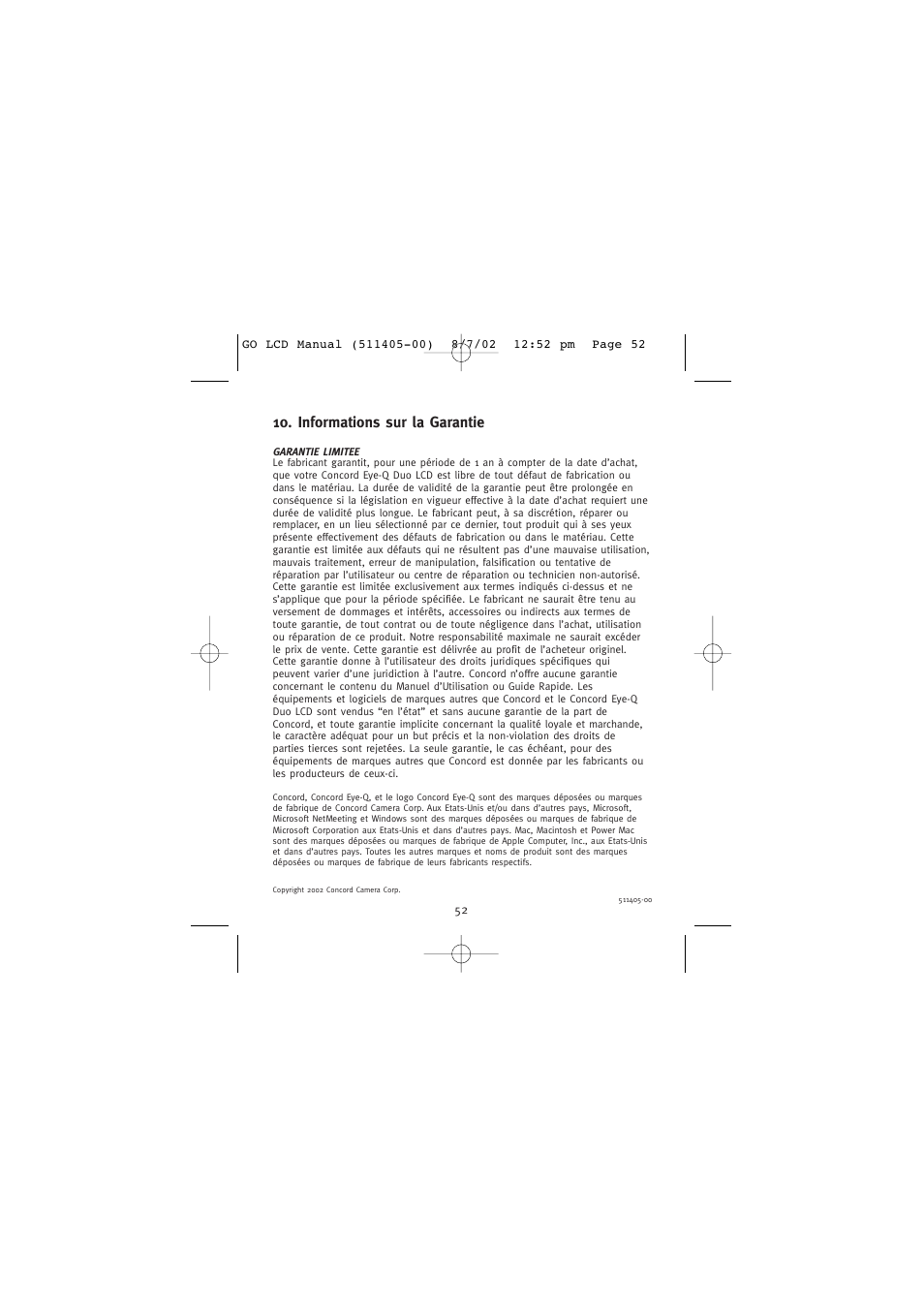 Informations sur la garantie | Concord Camera Eye-Q Go LCD Camera User Manual | Page 107 / 160