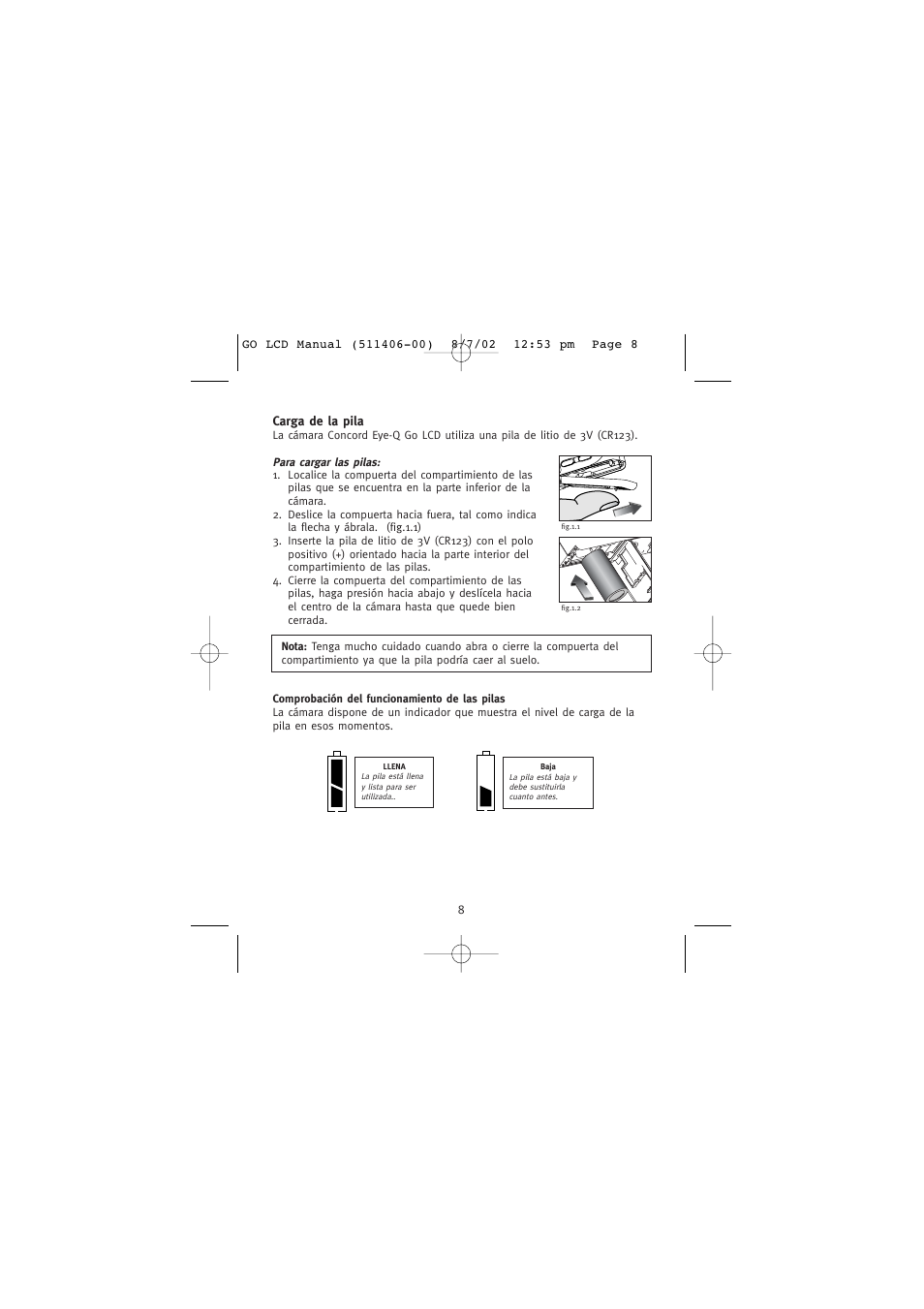 Carga de la pila | Concord Camera Eye-Q Go LCD Camera User Manual | Page 116 / 160