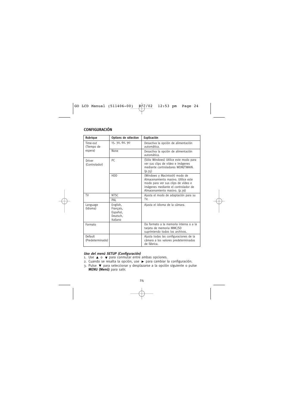 Configuración | Concord Camera Eye-Q Go LCD Camera User Manual | Page 132 / 160