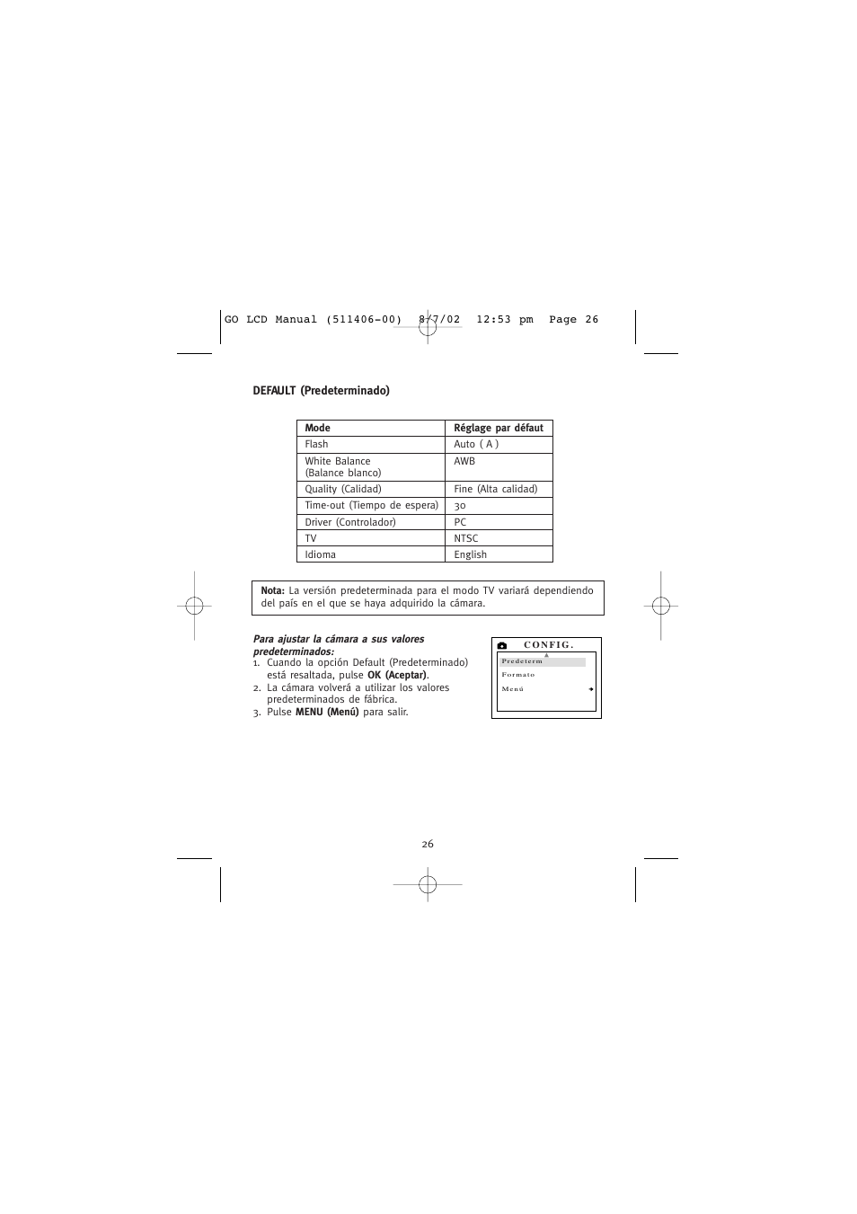 Default (predeterminado) | Concord Camera Eye-Q Go LCD Camera User Manual | Page 134 / 160