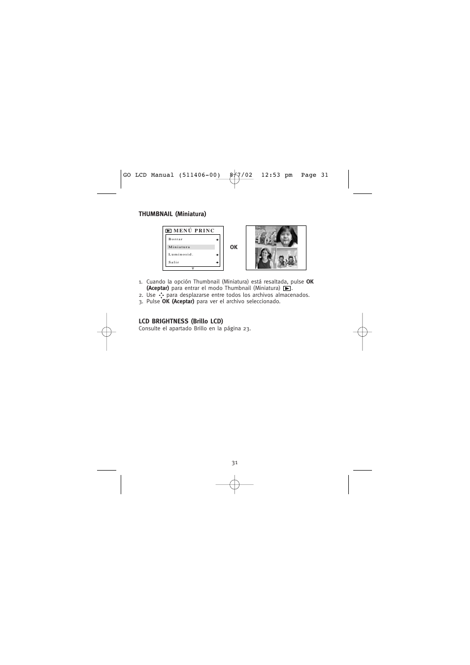 Thumbnail (miniatura), Lcd brightness (brillo lcd) | Concord Camera Eye-Q Go LCD Camera User Manual | Page 139 / 160