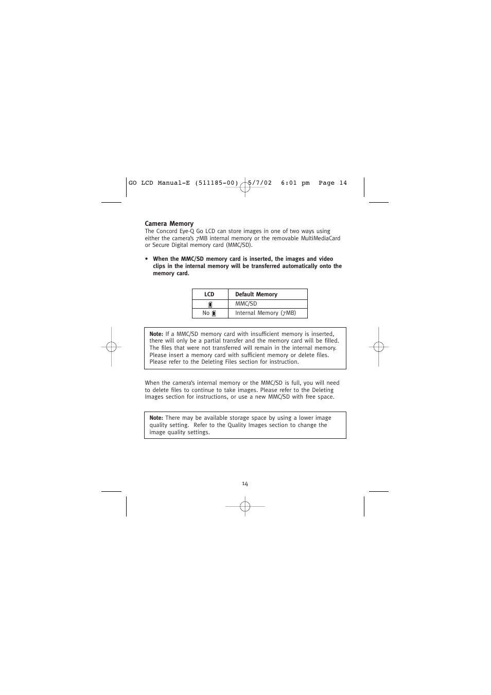 Camera memory | Concord Camera Eye-Q Go LCD Camera User Manual | Page 15 / 160