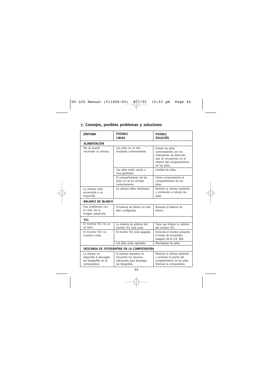 Consejos, posibles problemas y soluciones | Concord Camera Eye-Q Go LCD Camera User Manual | Page 152 / 160