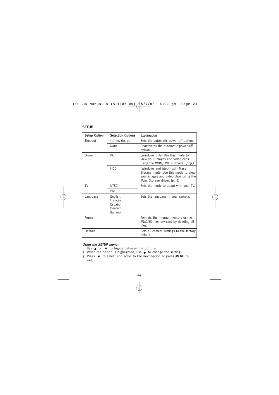 Setup | Concord Camera Eye-Q Go LCD Camera User Manual | Page 25 / 160