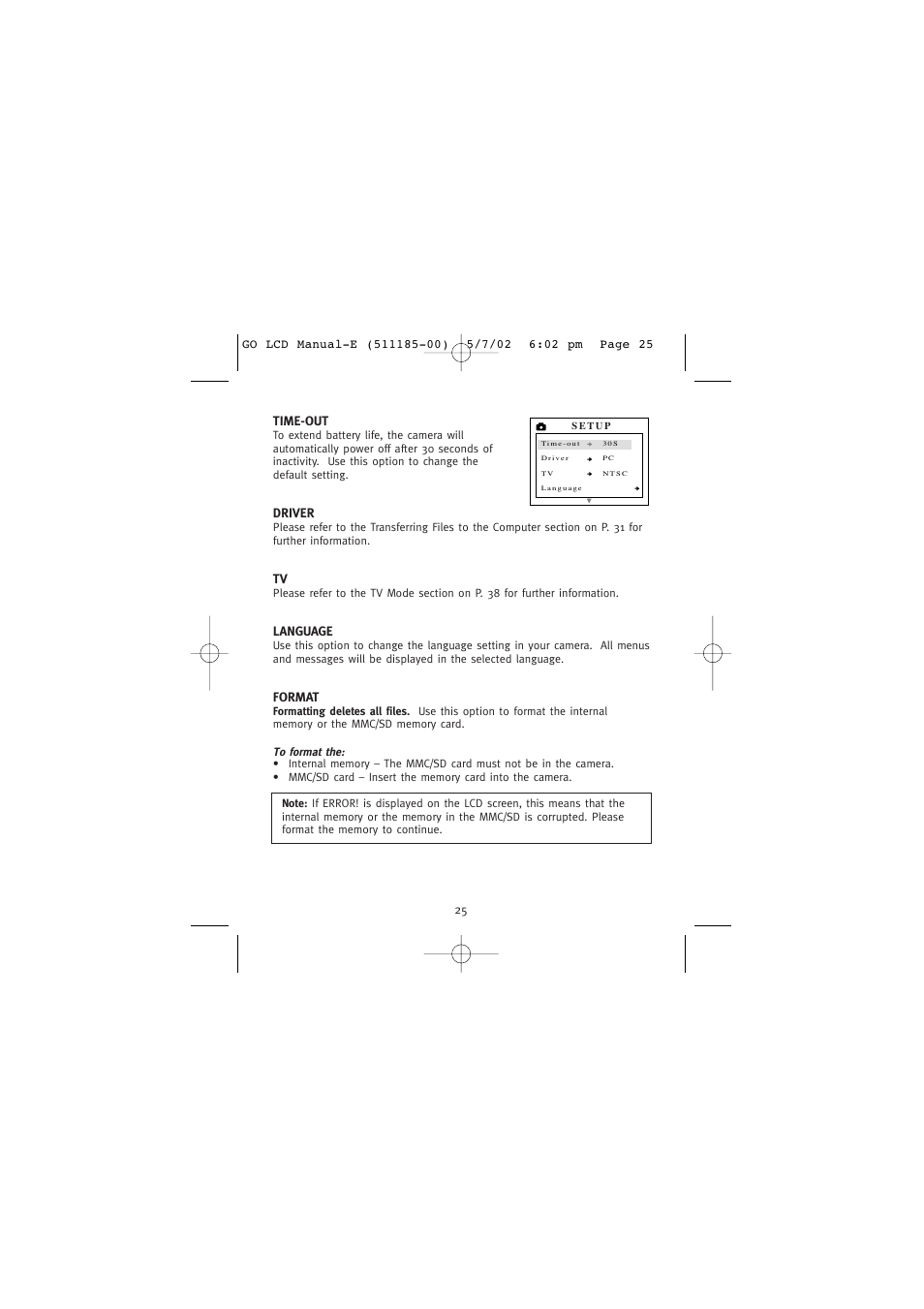 Time-out, Driver, Language | Format | Concord Camera Eye-Q Go LCD Camera User Manual | Page 26 / 160