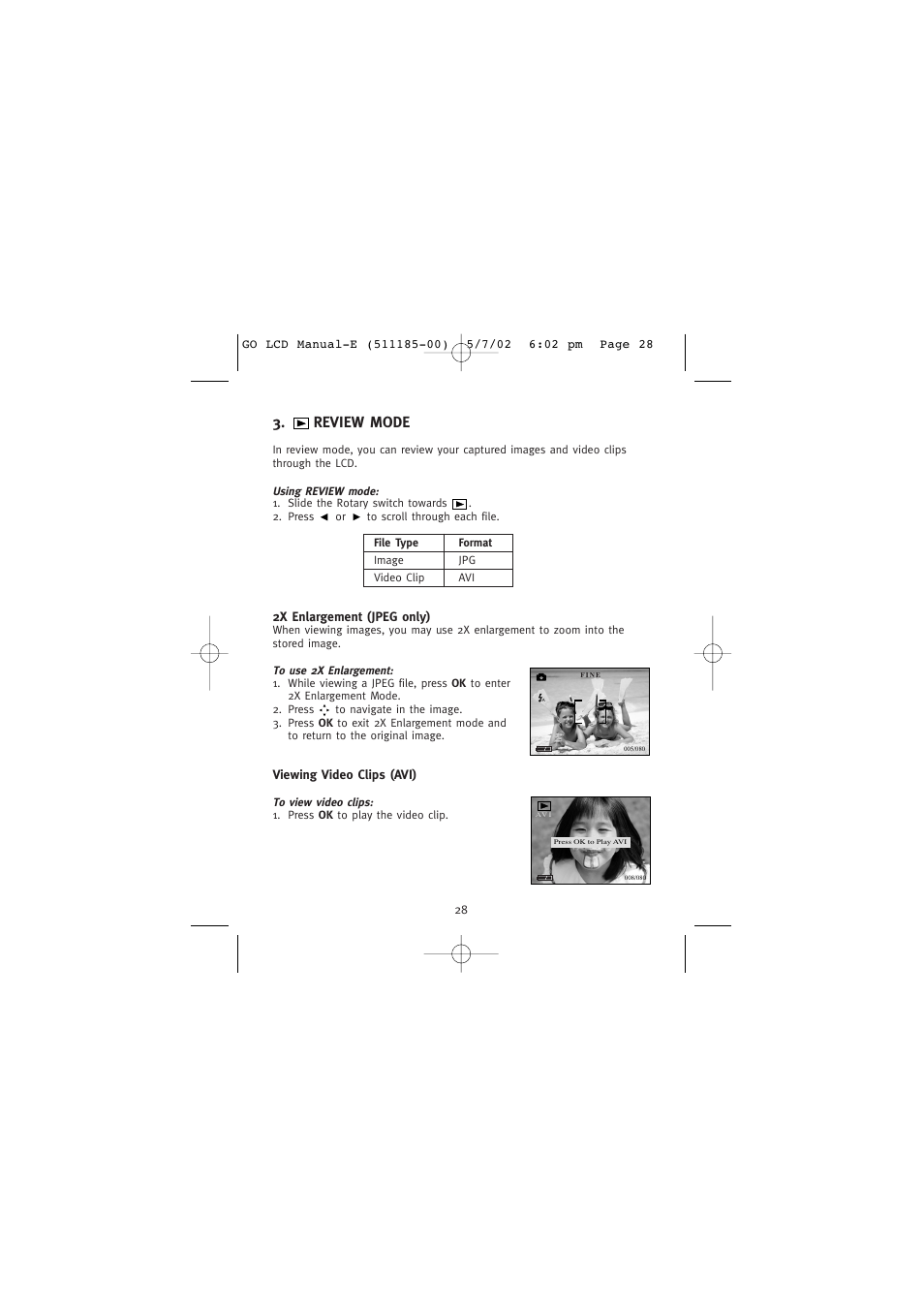 Review mode, Using review mode, 2x enlargement (jpeg only) | Viewing video clips (avi) | Concord Camera Eye-Q Go LCD Camera User Manual | Page 29 / 160
