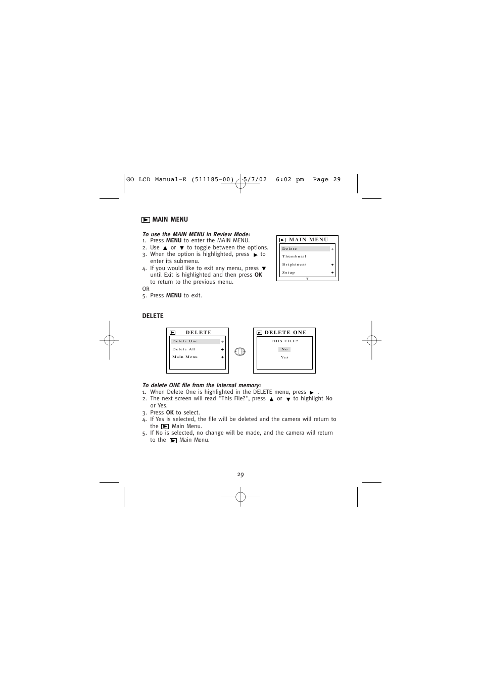 Main menu, Delete | Concord Camera Eye-Q Go LCD Camera User Manual | Page 30 / 160