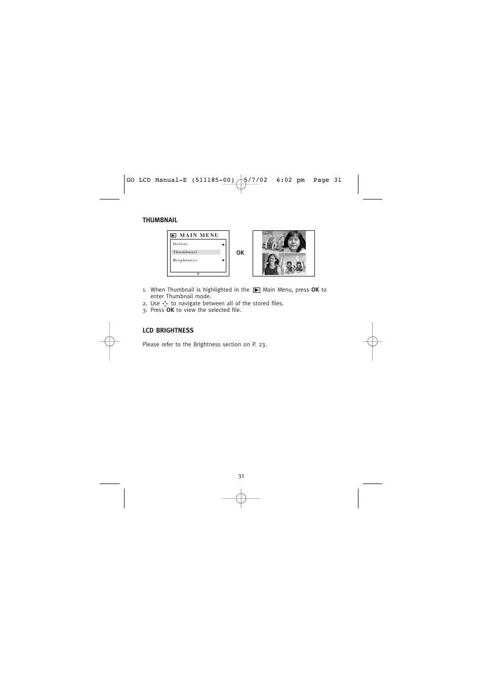 Thumbnail, Lcd brightness | Concord Camera Eye-Q Go LCD Camera User Manual | Page 32 / 160