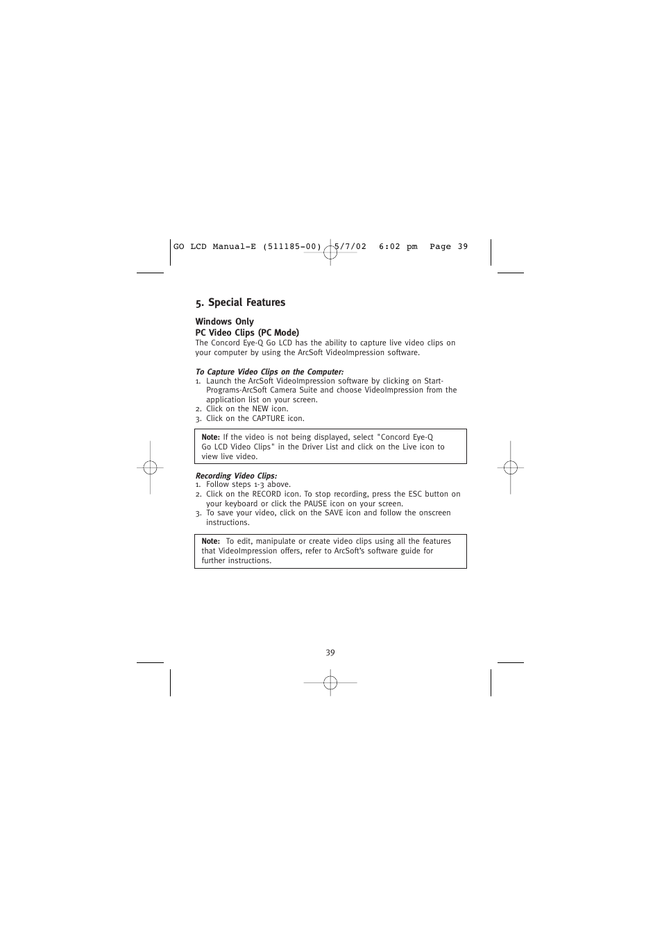 Special features, Pc video clips (pc mode) | Concord Camera Eye-Q Go LCD Camera User Manual | Page 40 / 160