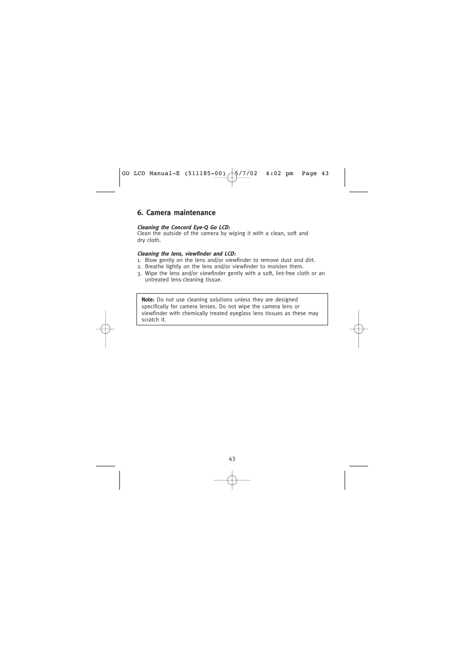 Camera maintenance | Concord Camera Eye-Q Go LCD Camera User Manual | Page 44 / 160