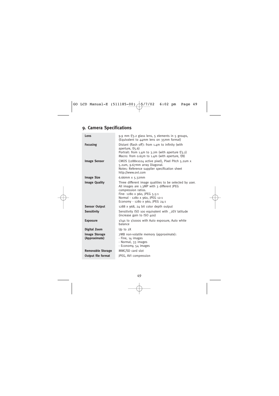 Camera specifications | Concord Camera Eye-Q Go LCD Camera User Manual | Page 50 / 160