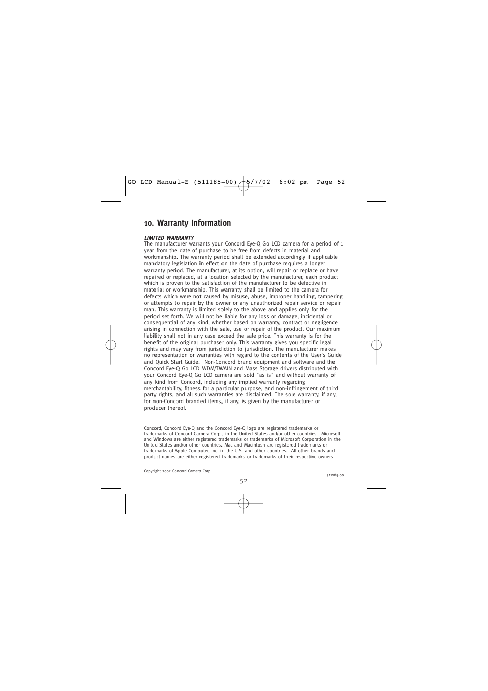 Warranty information | Concord Camera Eye-Q Go LCD Camera User Manual | Page 53 / 160