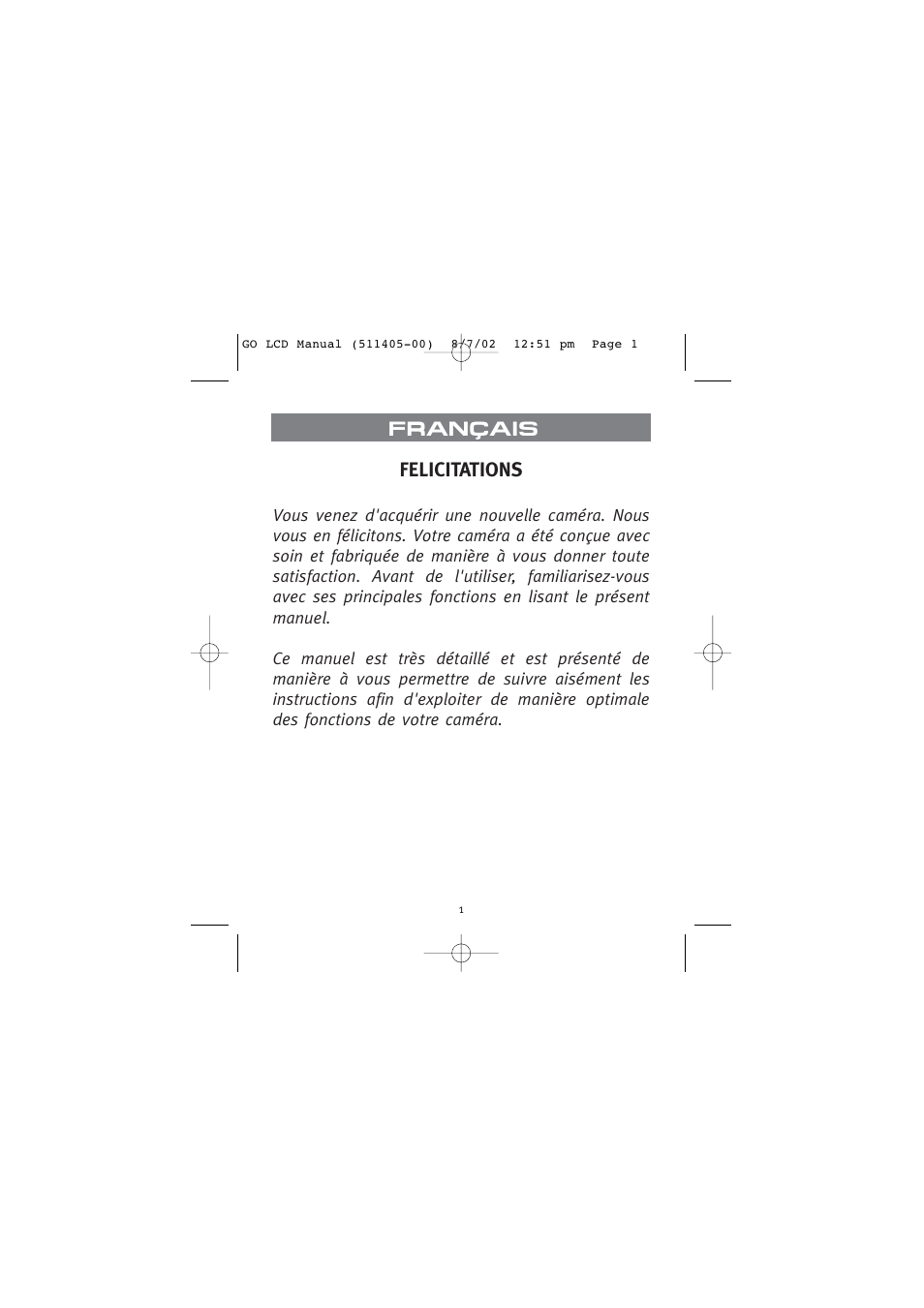Felicitations, Français | Concord Camera Eye-Q Go LCD Camera User Manual | Page 56 / 160