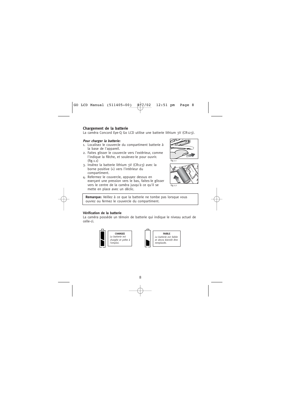 Chargement de la batterie | Concord Camera Eye-Q Go LCD Camera User Manual | Page 63 / 160