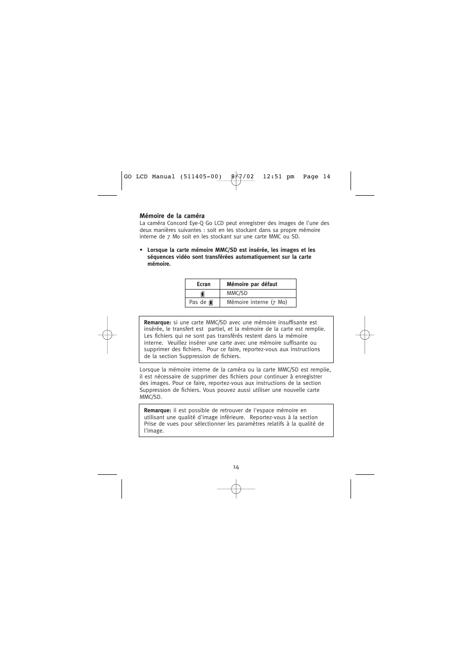 Mémoire de la caméra | Concord Camera Eye-Q Go LCD Camera User Manual | Page 69 / 160