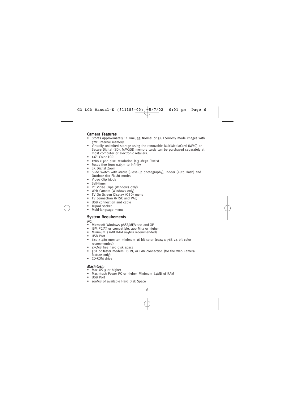 Camera features, System requirements | Concord Camera Eye-Q Go LCD Camera User Manual | Page 7 / 160