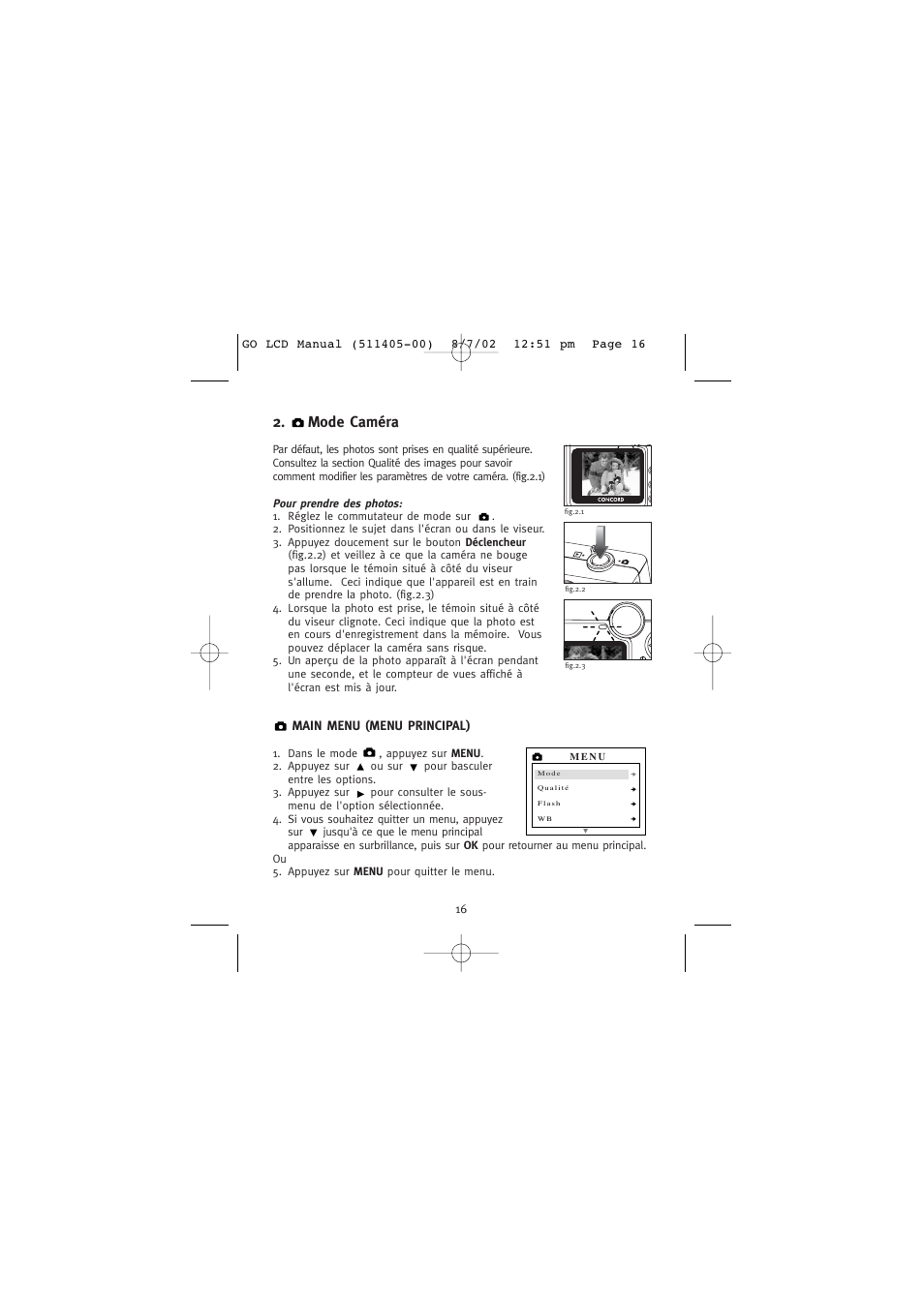 Mode caméra, Pour prendre des photos, Main menu (menu principal) | Concord Camera Eye-Q Go LCD Camera User Manual | Page 71 / 160