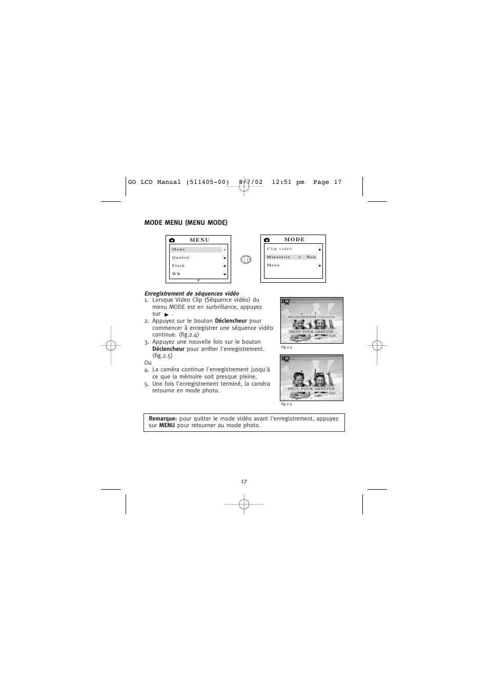 Mode menu (menu mode), Enregistrement de séquences vidéo | Concord Camera Eye-Q Go LCD Camera User Manual | Page 72 / 160